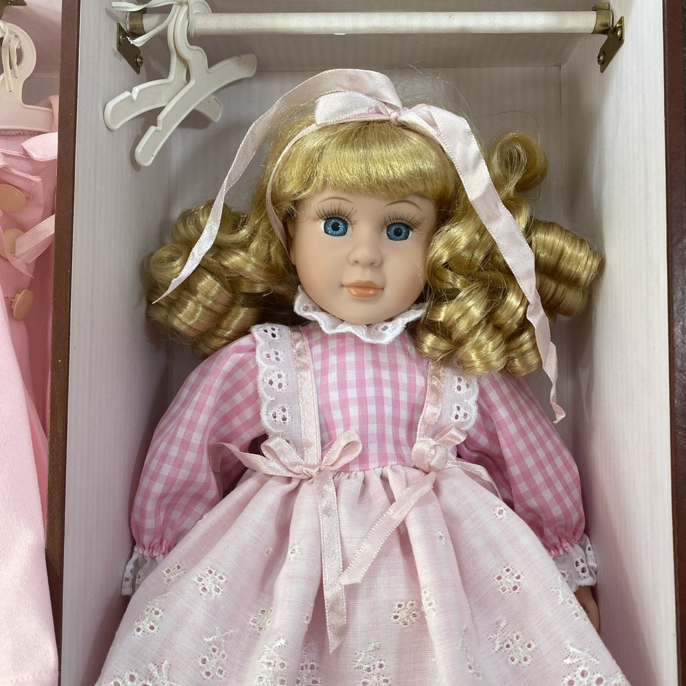 Vintage 14" Porcelain Doll In Dressing Case  Collectible Pink & White Dress Coat